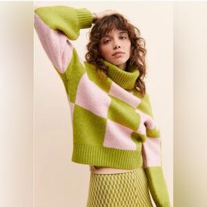 NATIVE YOUTH Green and Pink Checkered Turtleneck Sweater